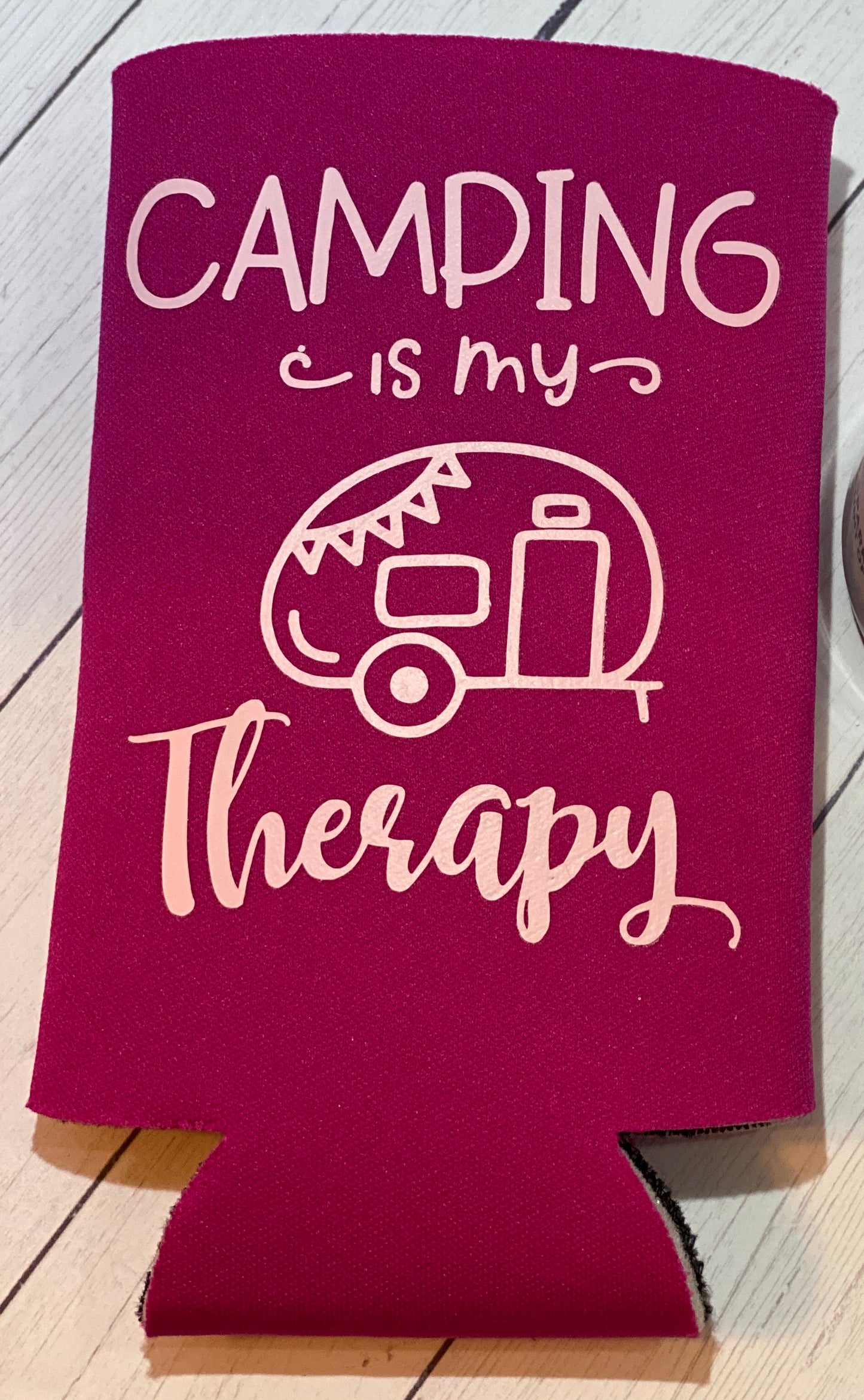 Camping Is My Therapy Pink Slim Koozie