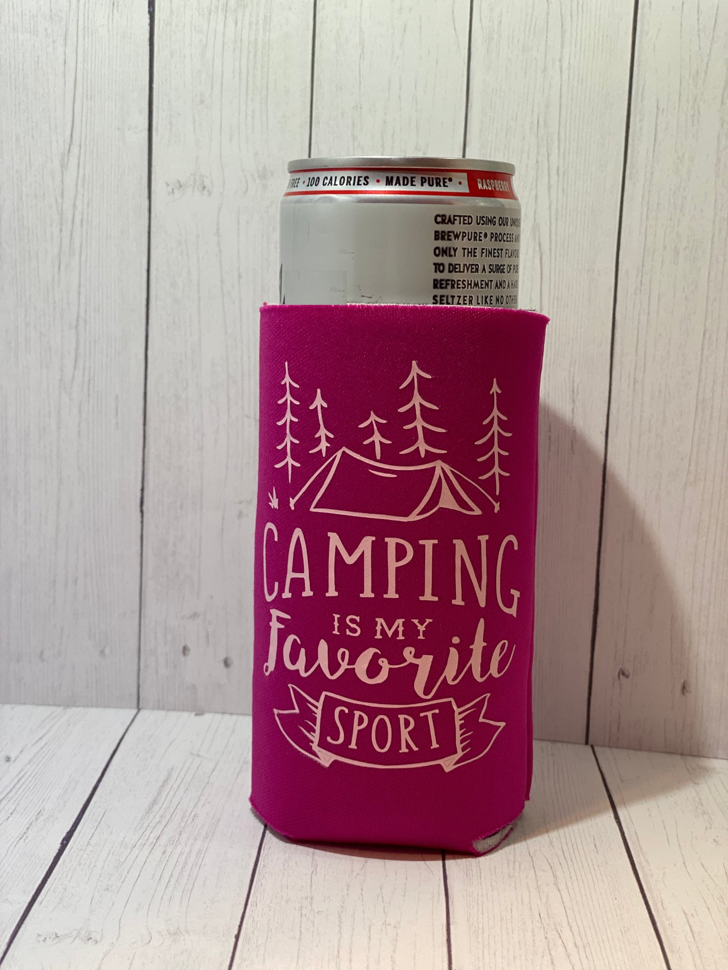 Camping Is My Favorite Sport Pink Slim Koozie