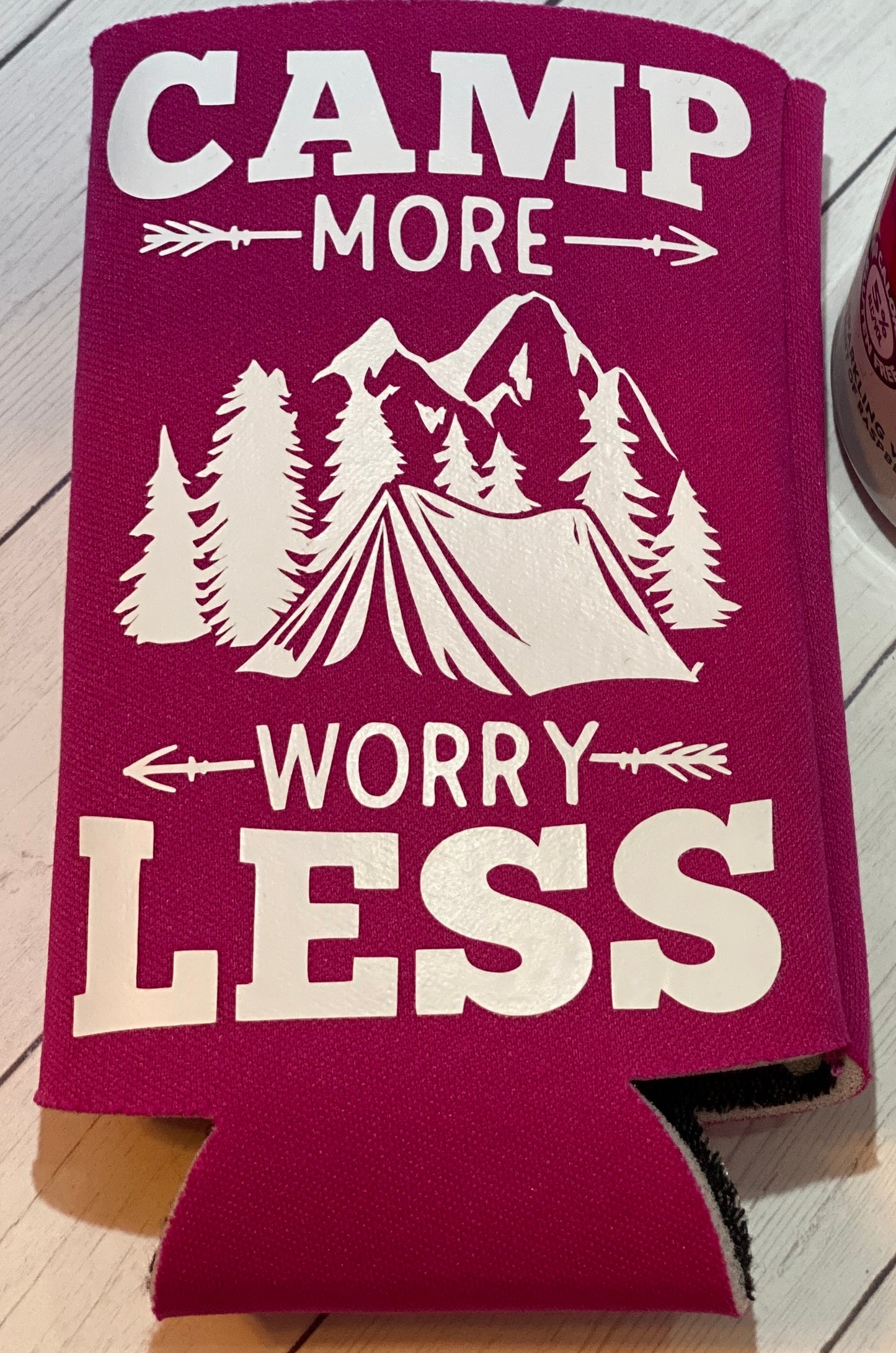 Camp More Worry Less Pink Slim Koozie