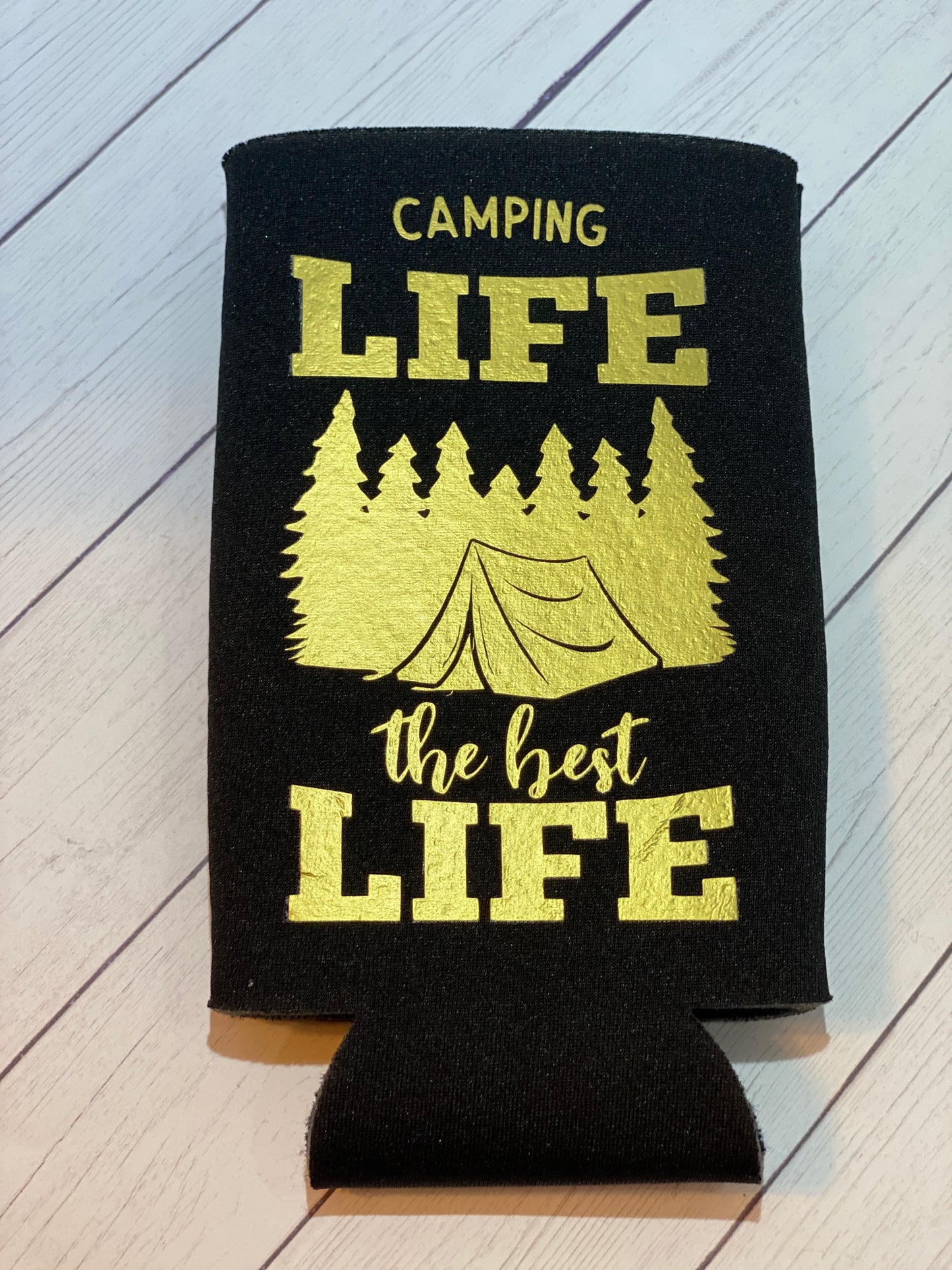 Camping Life the Best Life Black Slim Koozie
