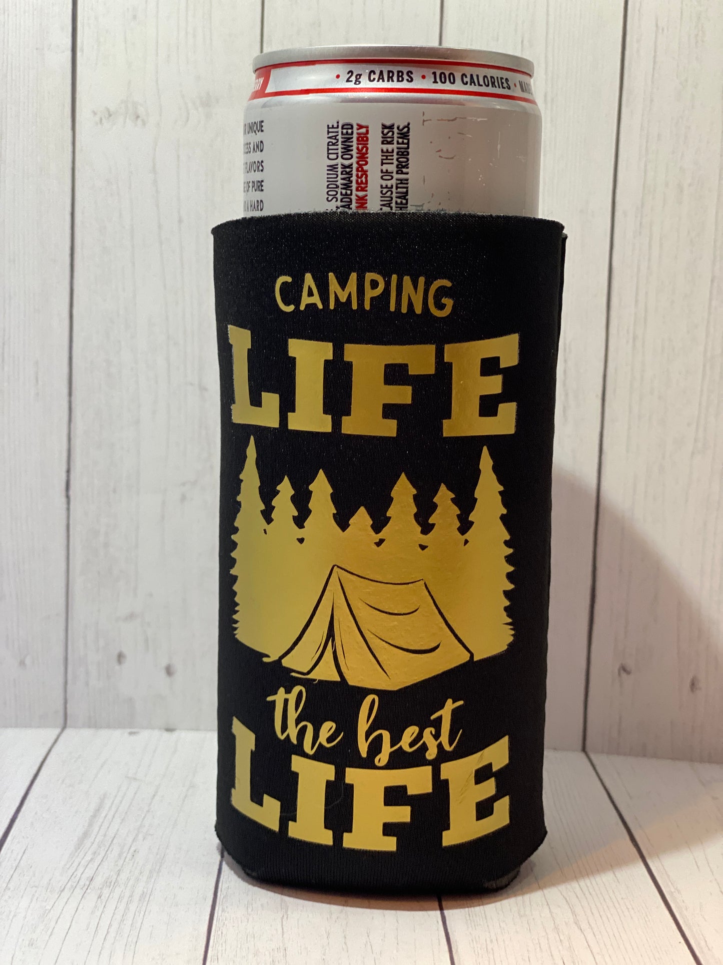 Camping Life the Best Life Black Slim Koozie