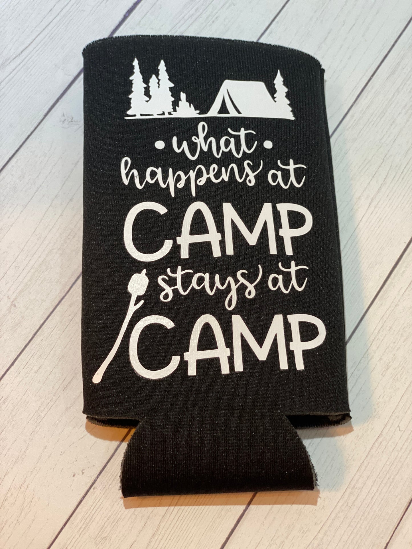 What Happens At Camp Stays At Camp Black Slim Koozie