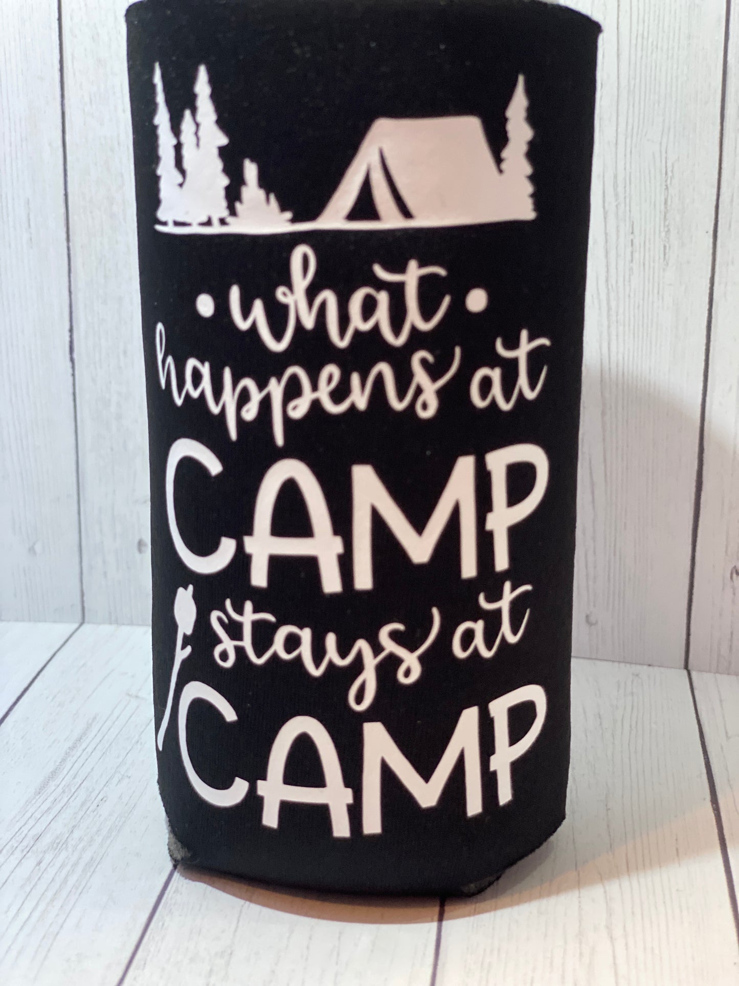 What Happens At Camp Stays At Camp Black Slim Koozie