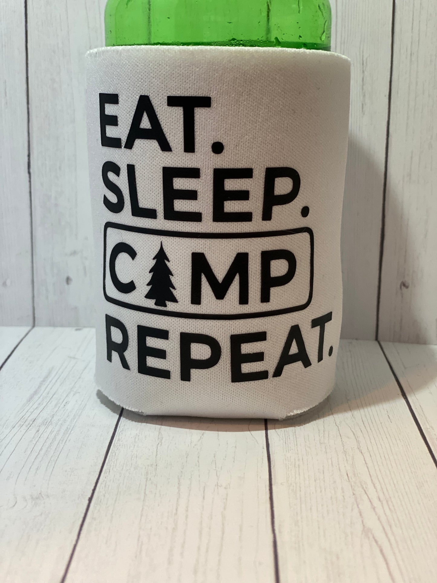 Eat Sleep Camp Repeat White Standard Koozie