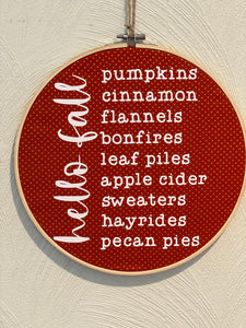 Hello Fall Words Embroidery Hoop Hanging