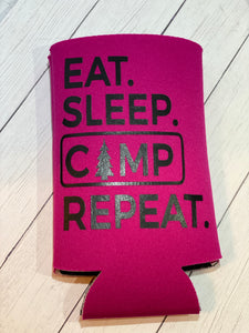 Eat Sleep Camp Repeat Pink Slim Koozie