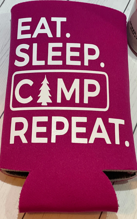 Eat Sleep Camp Repeat Pink Slim Koozie