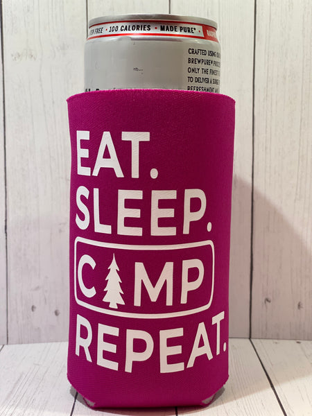Eat Sleep Camp Repeat Pink Slim Koozie