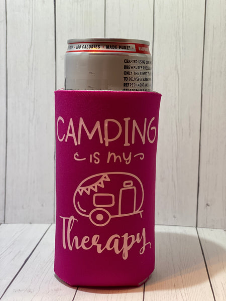 Camping Is My Therapy Pink Slim Koozie