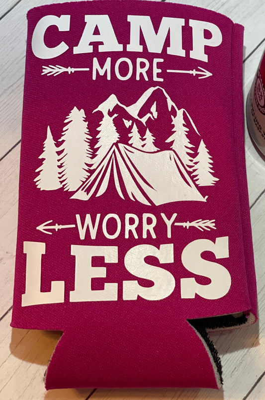 Camp More Worry Less Pink Slim Koozie
