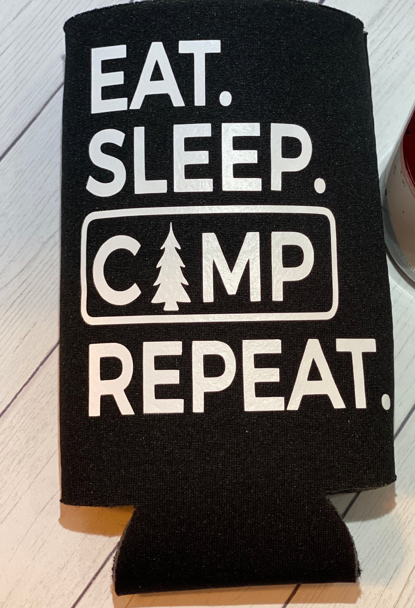 Eat Sleep Camp Repeat Black Slim Koozie