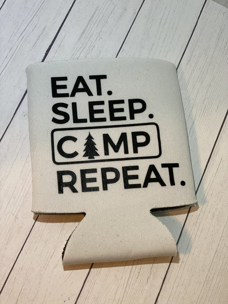 Eat Sleep Camp Repeat White Standard Koozie