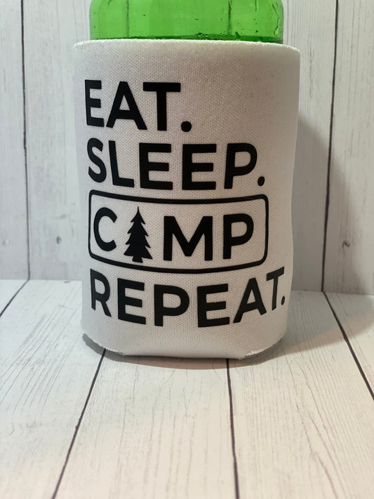 Eat Sleep Camp Repeat White Standard Koozie